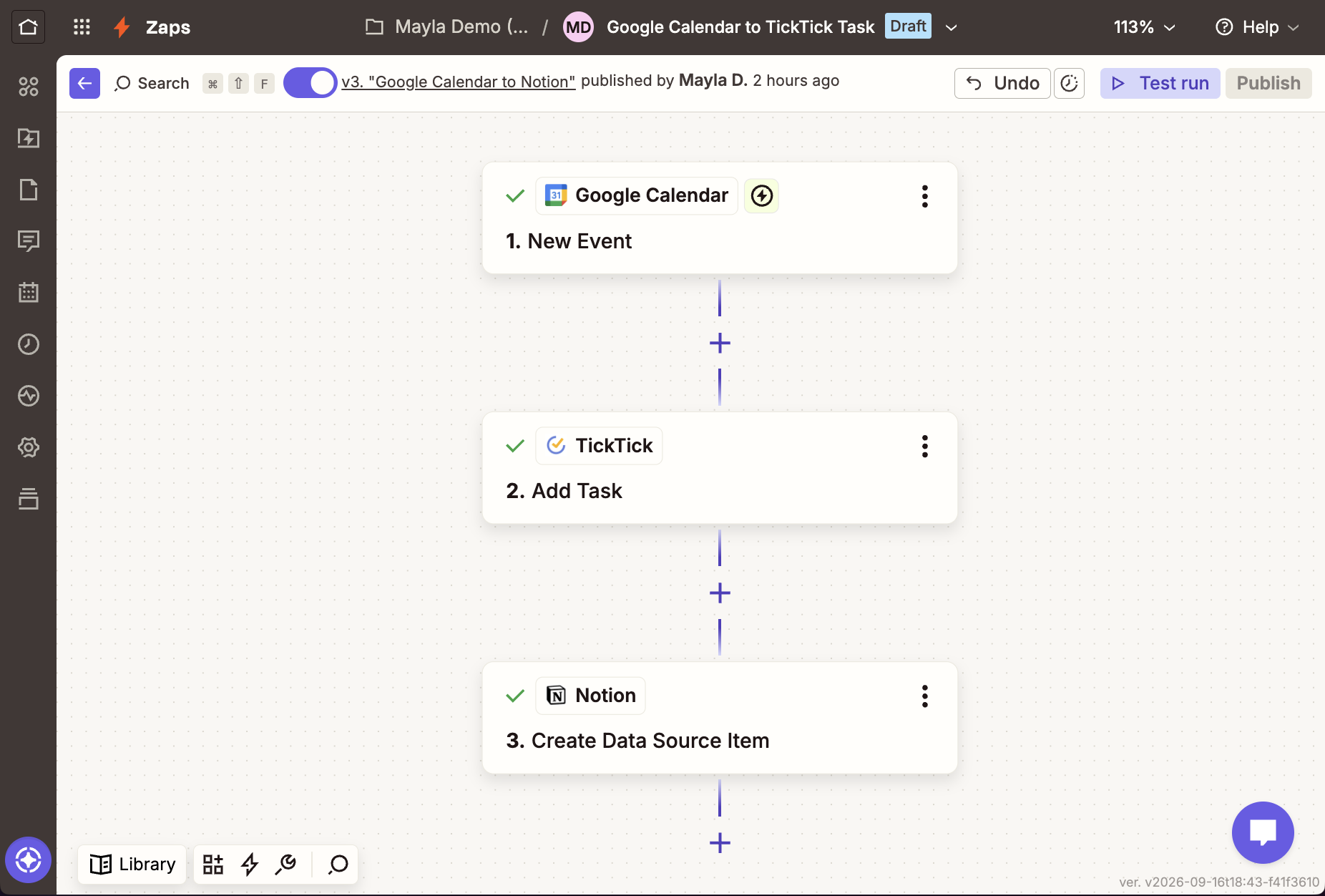 Google Calendar, TickTick, and Notion workflow built with Zapier